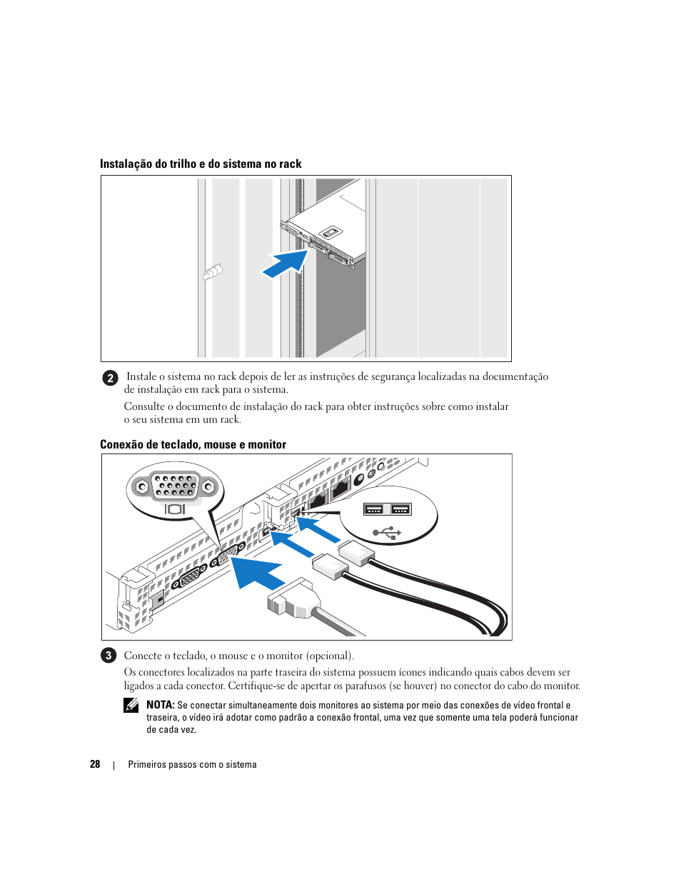 Instalação do trilho e do sistema no rack, Conexão de teclado, mouse e monitor | Dell PowerVault NX1950 User Manual | Page 30 / 48