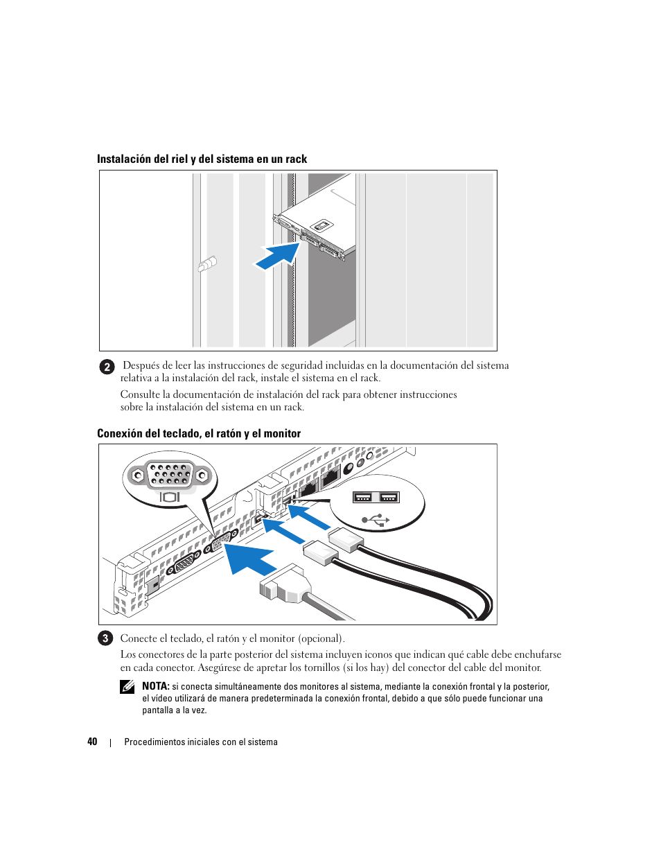 Instalación del riel y del sistema en un rack, Conexión del teclado, el ratón y el monitor | Dell PowerVault NX1950 User Manual | Page 42 / 48