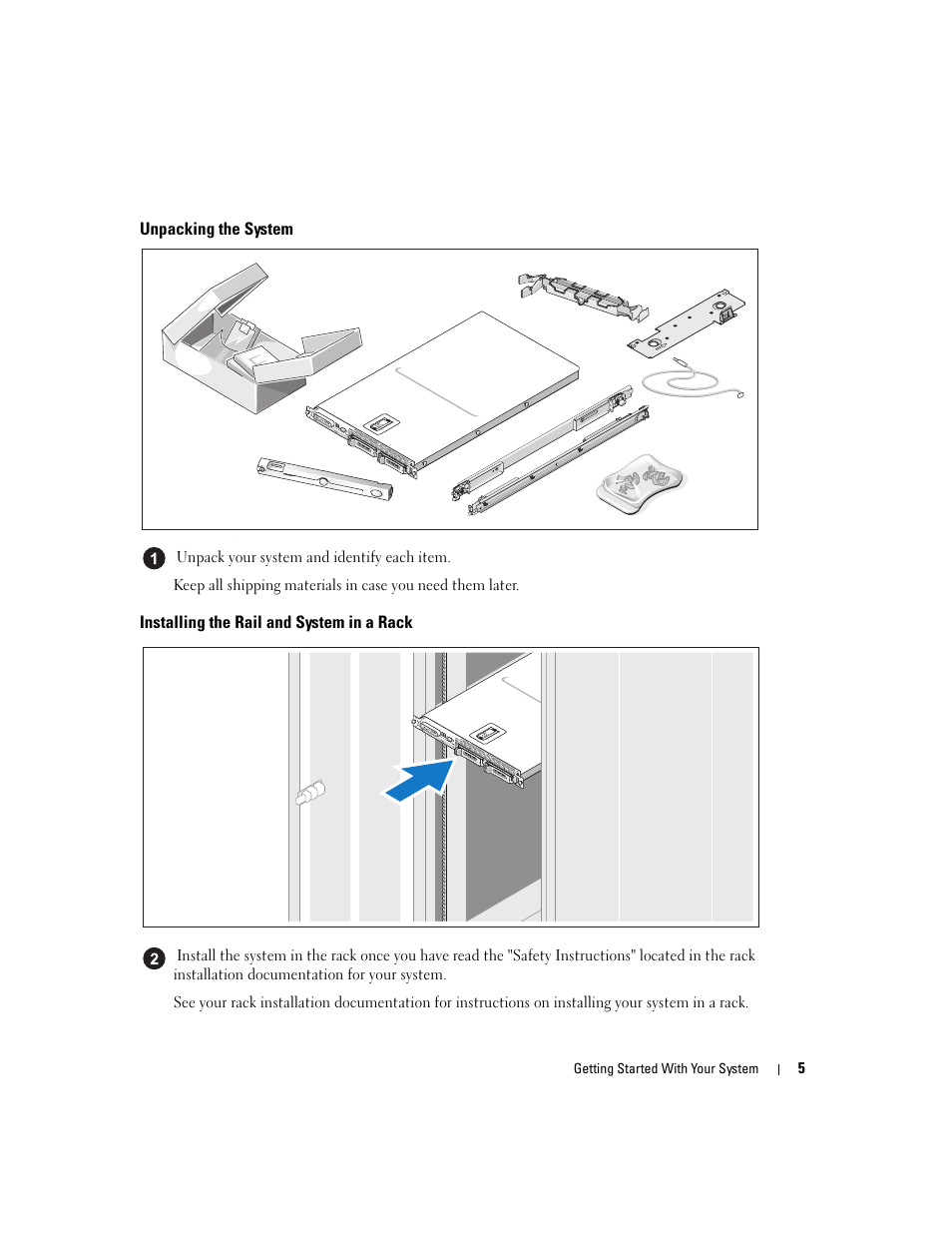 Unpacking the system, Installing the rail and system in a rack | Dell PowerVault NX1950 User Manual | Page 7 / 48
