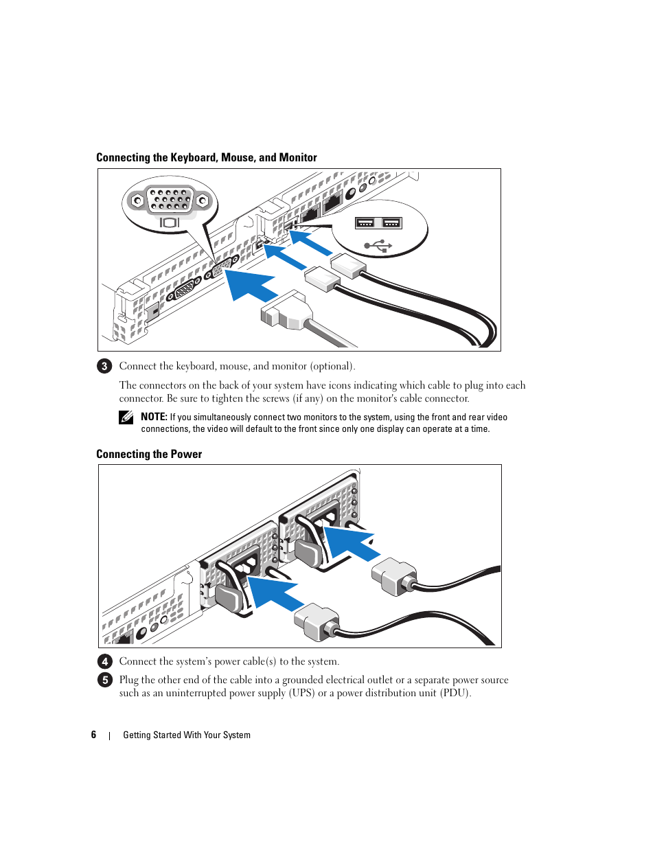 Connecting the keyboard, mouse, and monitor, Connecting the power | Dell PowerVault NX1950 User Manual | Page 8 / 48