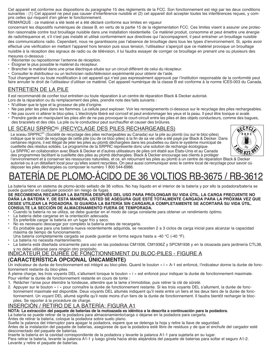 Entretien de la pile, Le sceau srprc, Recyclage des piles rechargeables) | Inserción / retiro de la batería: figura a1 | Black & Decker RB-3612 User Manual | Page 4 / 5