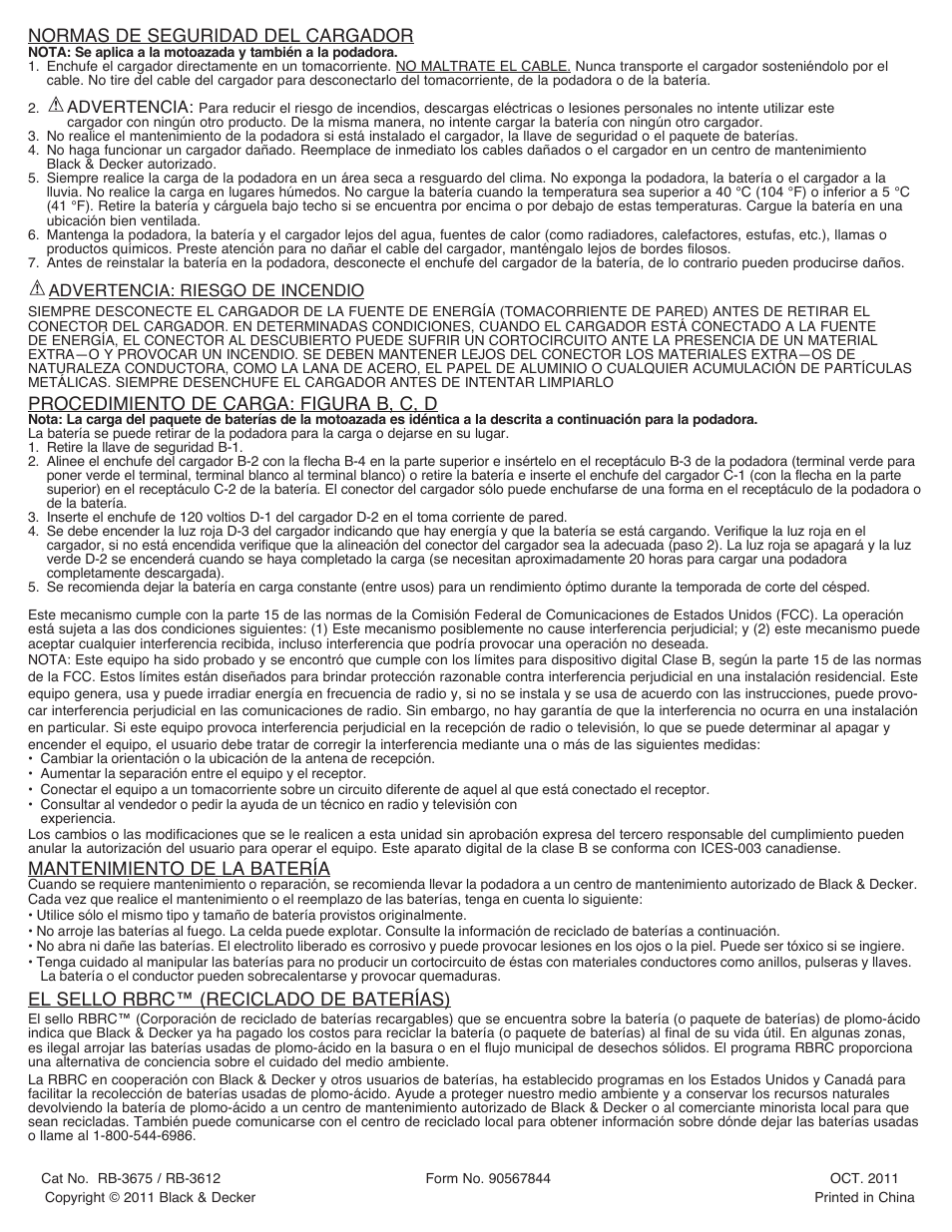 Normas de seguridad del cargador, Procedimiento de carga: figura b, c, d, Mantenimiento de la batería | El sello rbrc™ (reciclado de baterías) | Black & Decker RB-3612 User Manual | Page 5 / 5