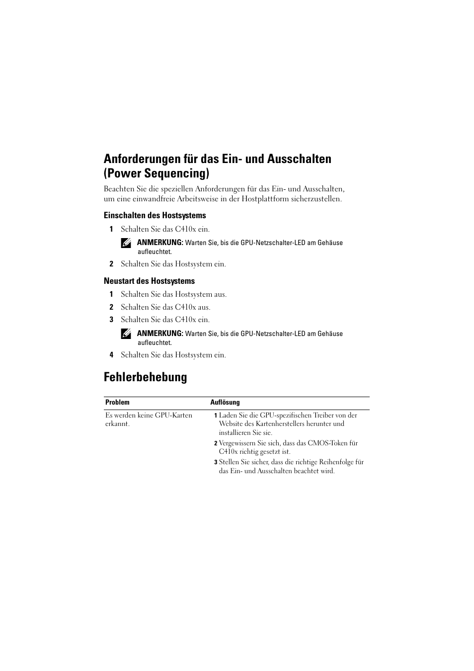 Einschalten des hostsystems, Neustart des hostsystems, Fehlerbehebung | Dell PowerEdge M610x User Manual | Page 16 / 32
