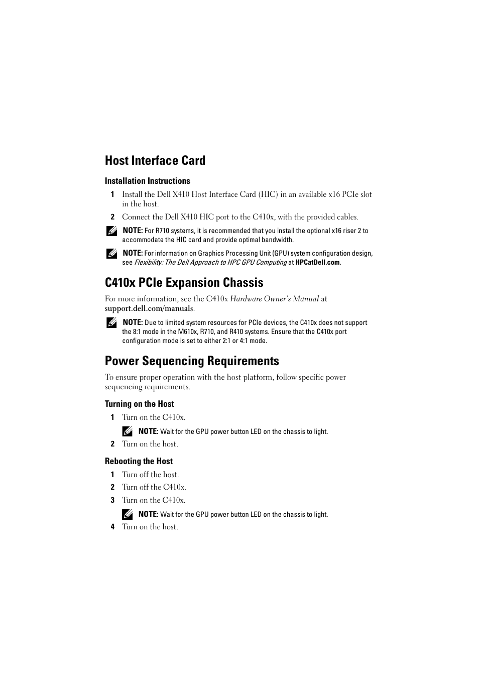 Host interface card, Installation instructions, C410x pcie expansion chassis | Power sequencing requirements, Turning on the host, Rebooting the host | Dell PowerEdge M610x User Manual | Page 2 / 32