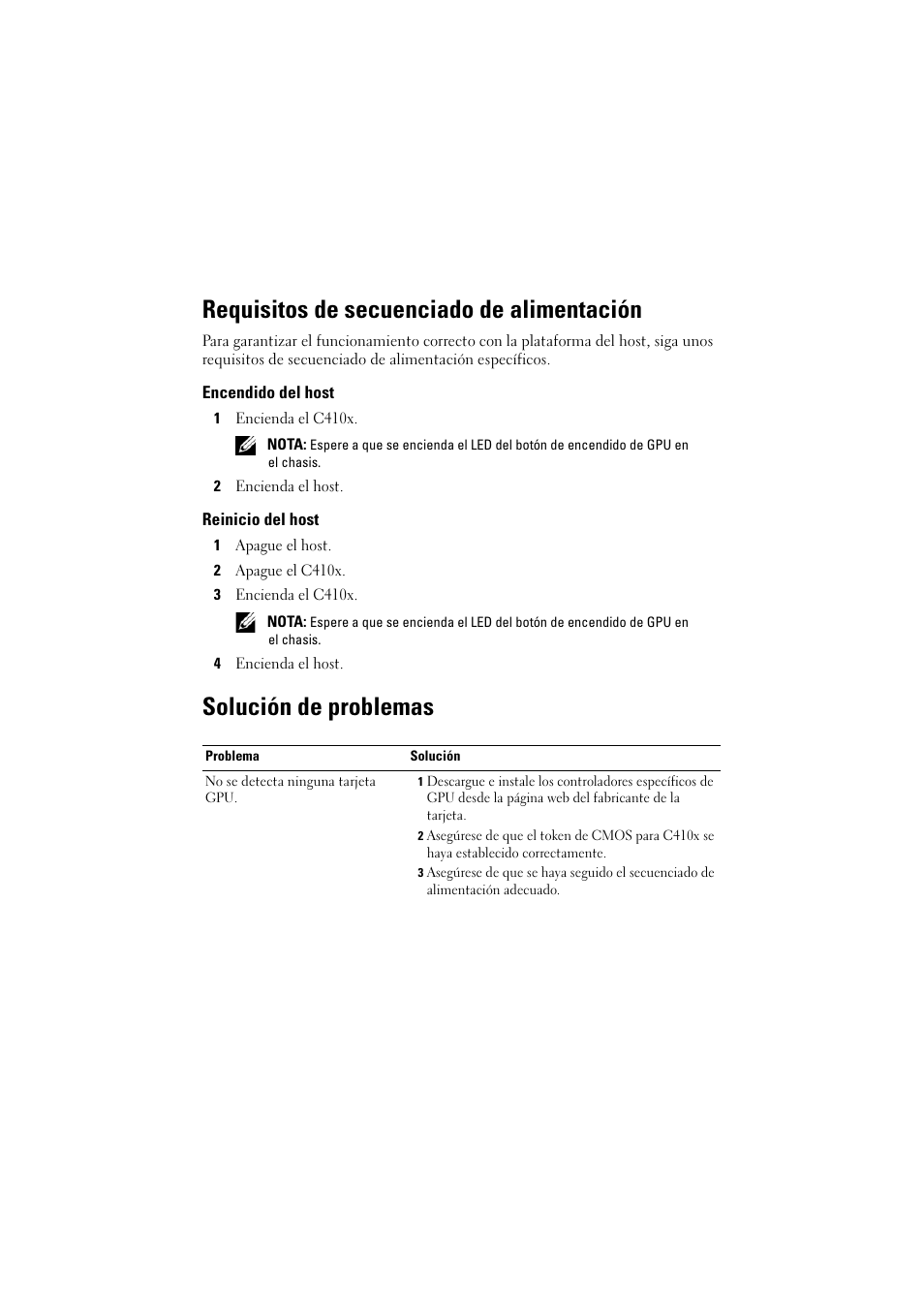 Requisitos de secuenciado de alimentación, Encendido del host, Reinicio del host | Solución de problemas | Dell PowerEdge M610x User Manual | Page 30 / 32