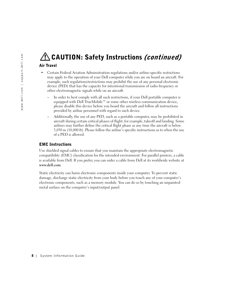 Air travel, Emc instructions, Caution: safety instructions (continued) | Dell Latitude C840 User Manual | Page 10 / 136