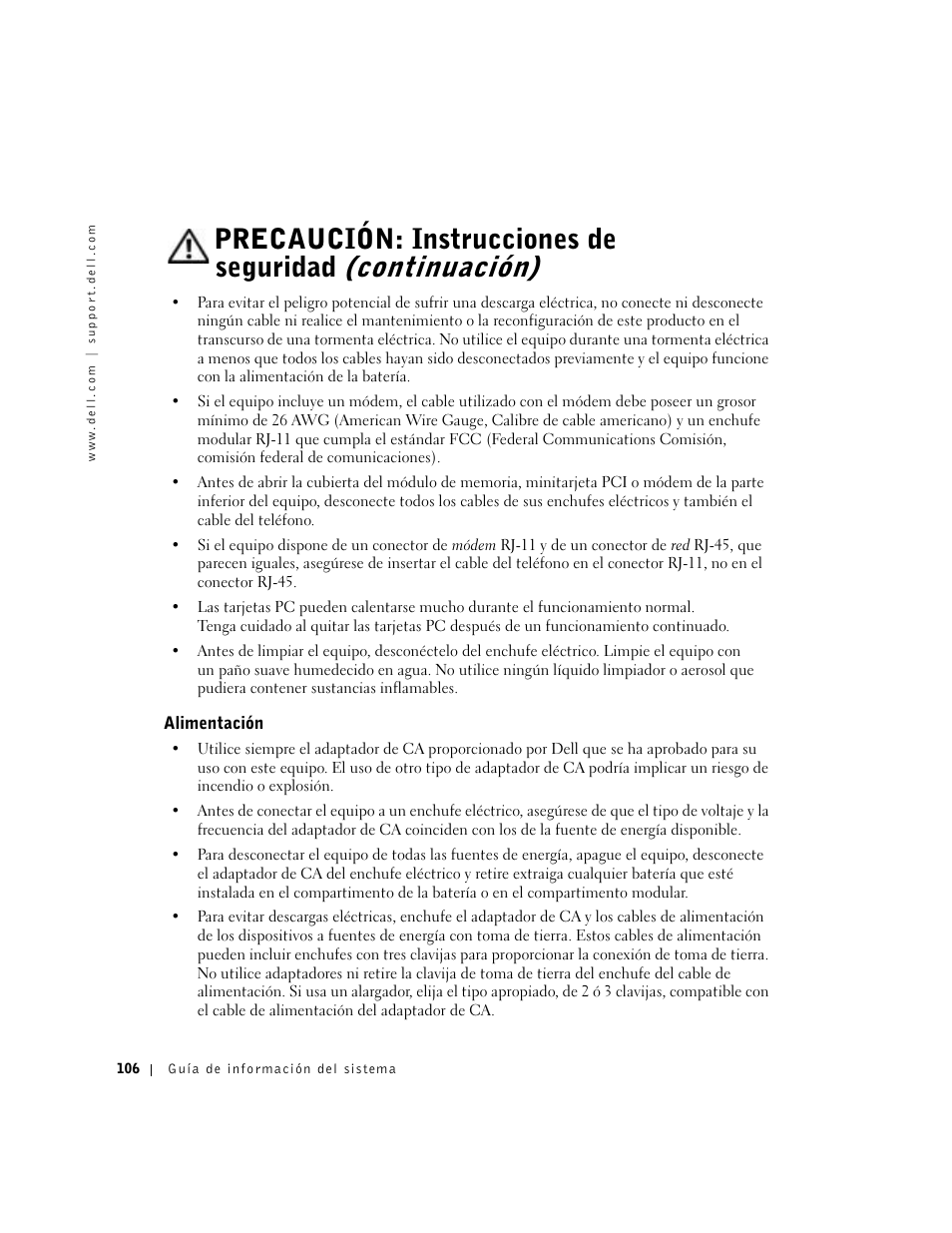 Alimentación | Dell Latitude C840 User Manual | Page 108 / 136