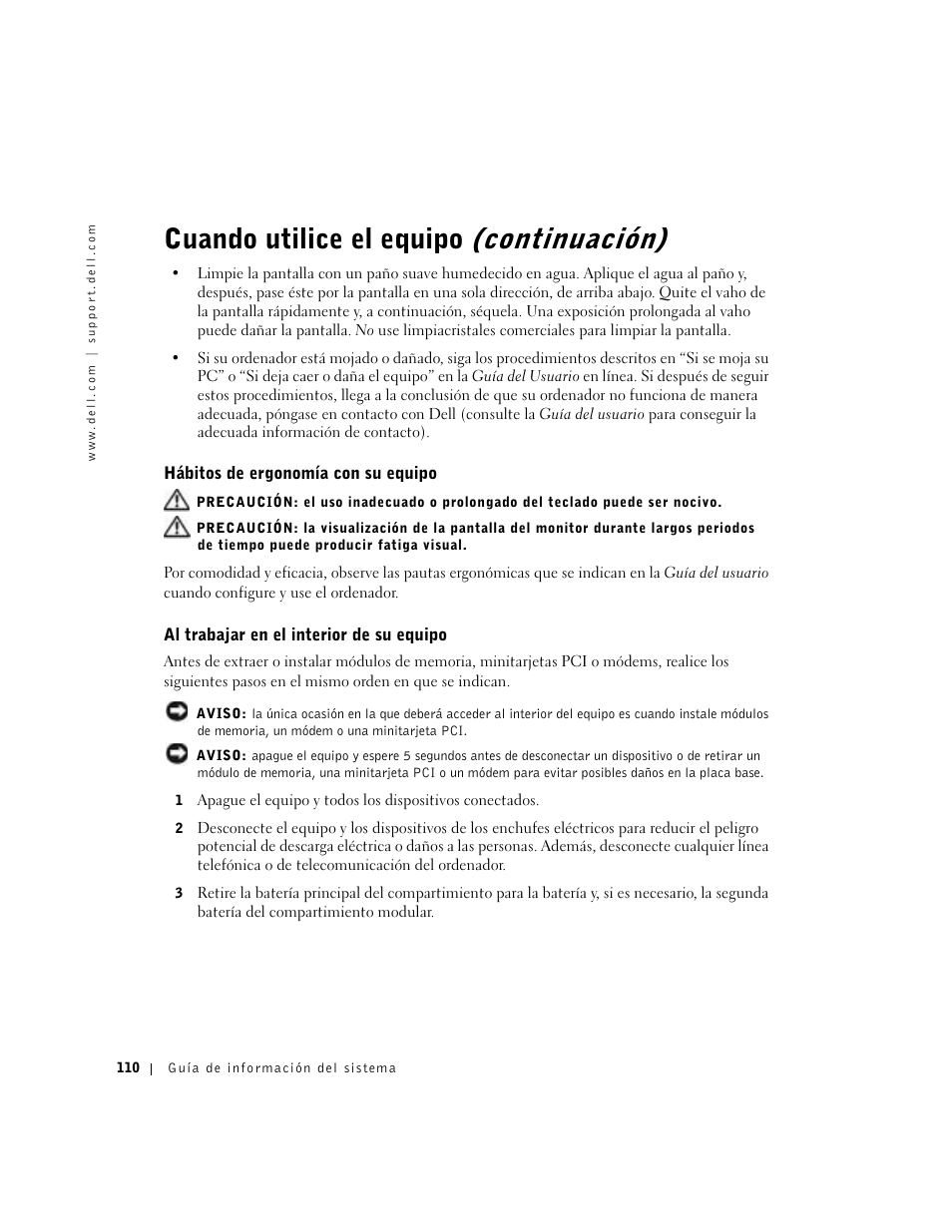 Hábitos de ergonomía con su equipo, Al trabajar en el interior de su equipo, Cuando utilice el equipo (continuación) | Dell Latitude C840 User Manual | Page 112 / 136