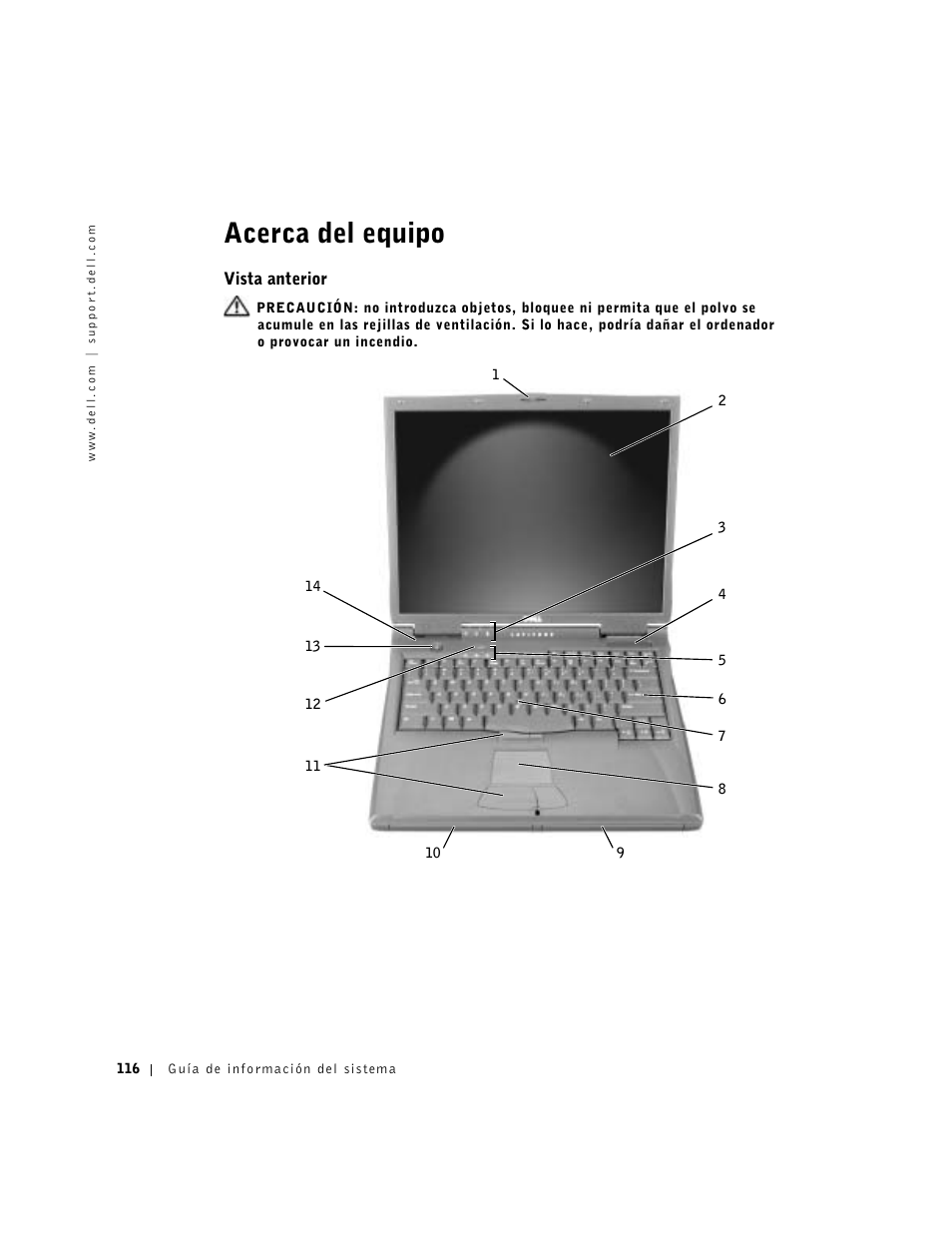 Acerca del equipo, Vista anterior | Dell Latitude C840 User Manual | Page 118 / 136