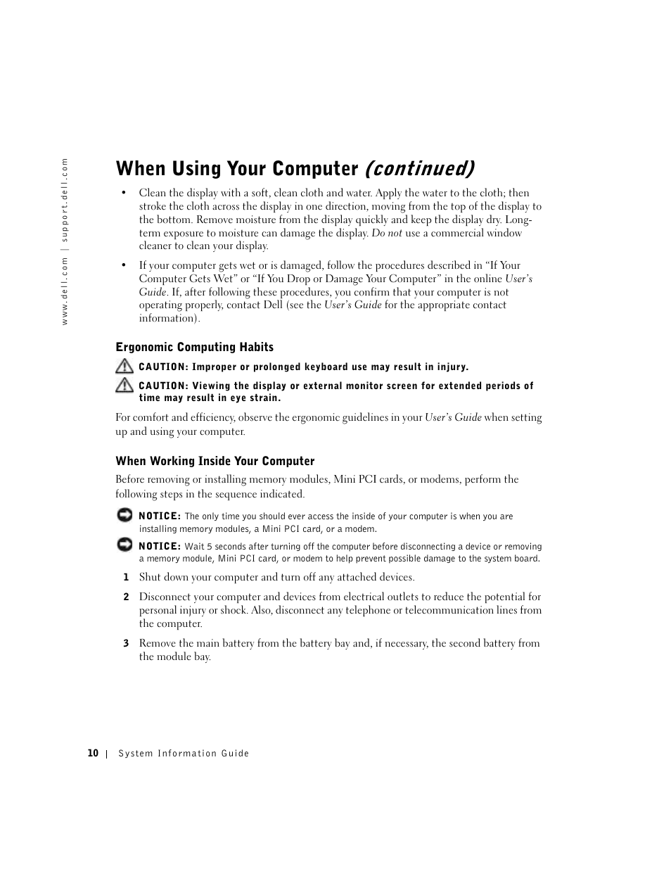 Ergonomic computing habits, When working inside your computer, When using your computer (continued) | Dell Latitude C840 User Manual | Page 12 / 136