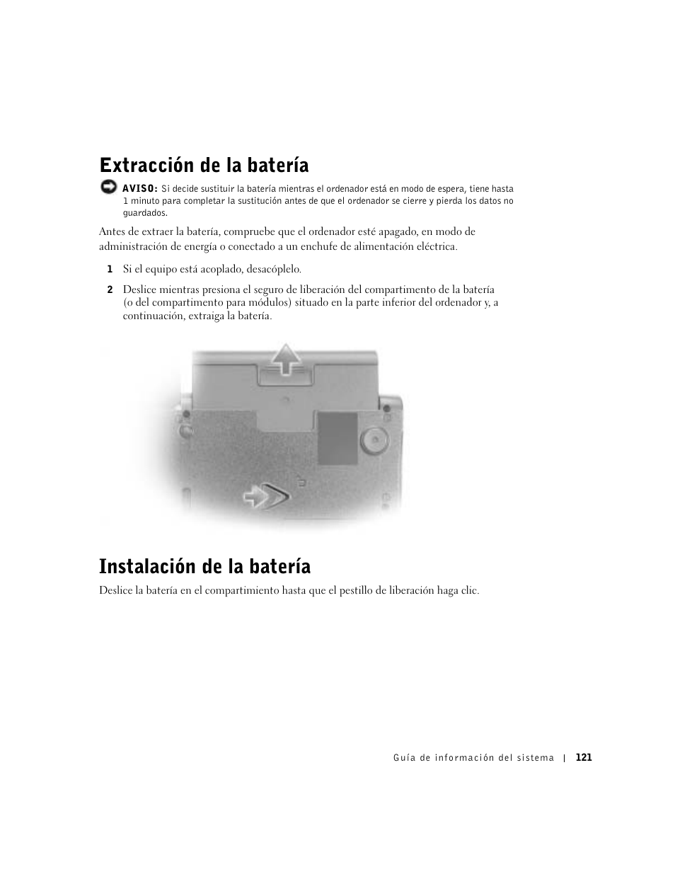 Extracción de la batería, Instalación de la batería | Dell Latitude C840 User Manual | Page 123 / 136