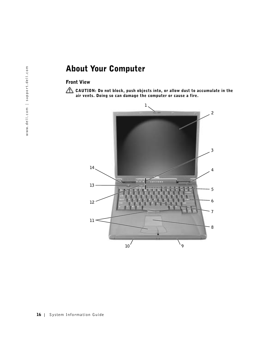 About your computer, Front view | Dell Latitude C840 User Manual | Page 18 / 136