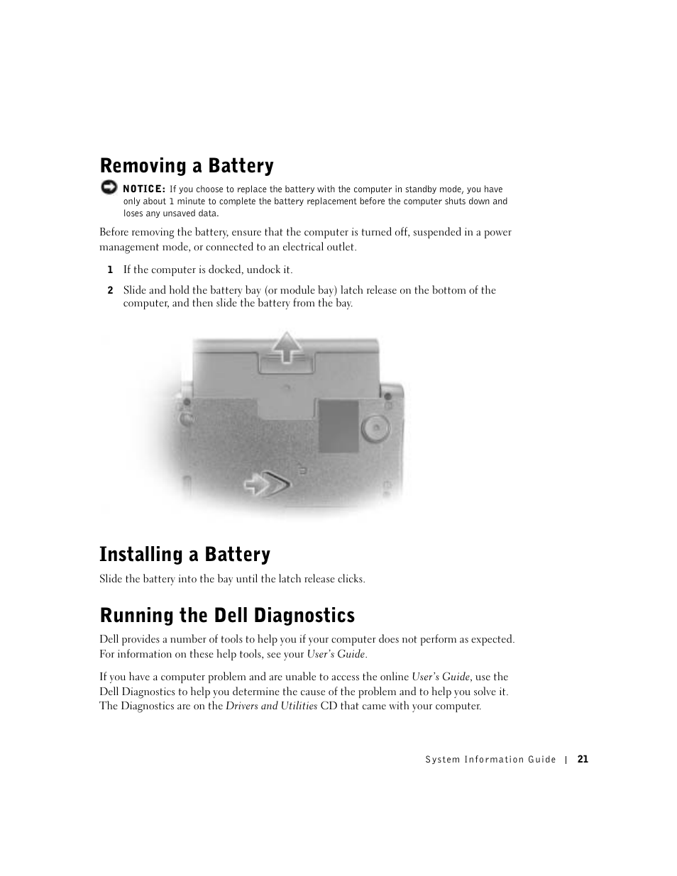 Removing a battery, Installing a battery, Running the dell diagnostics | Dell Latitude C840 User Manual | Page 23 / 136