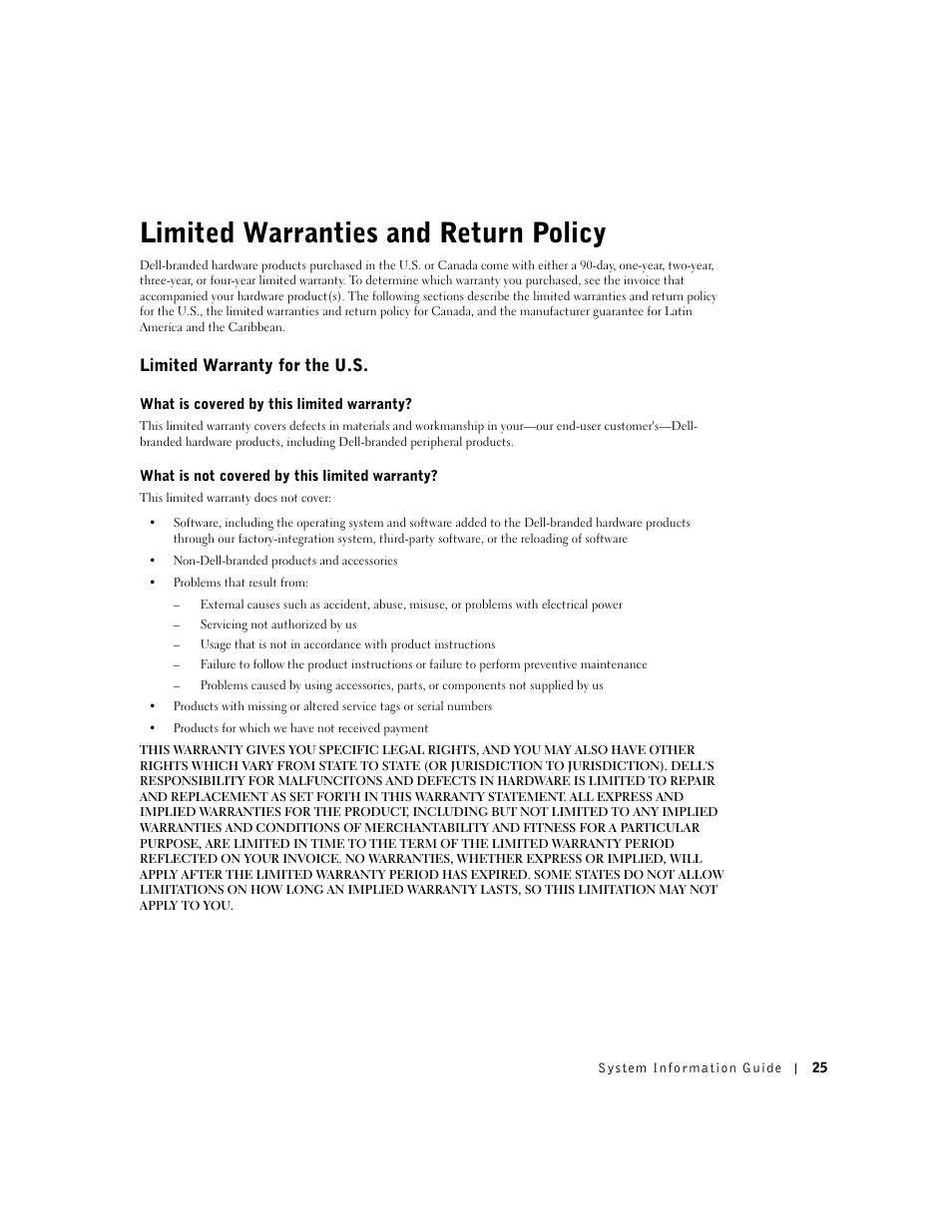 Limited warranties and return policy, Limited warranty for the u.s | Dell Latitude C840 User Manual | Page 27 / 136