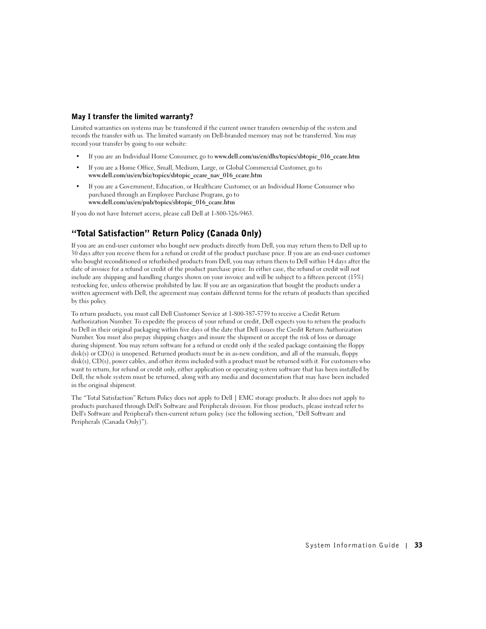 Total satisfaction” return policy (canada only) | Dell Latitude C840 User Manual | Page 35 / 136
