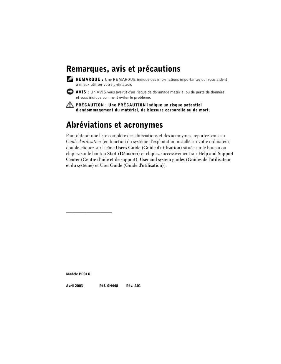 Remarques, avis et précautions, Abréviations et acronymes | Dell Latitude C840 User Manual | Page 42 / 136