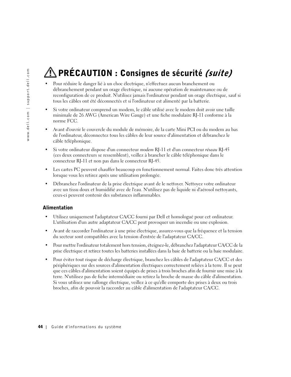 Alimentation, Précaution : consignes de sécurité (suite) | Dell Latitude C840 User Manual | Page 46 / 136