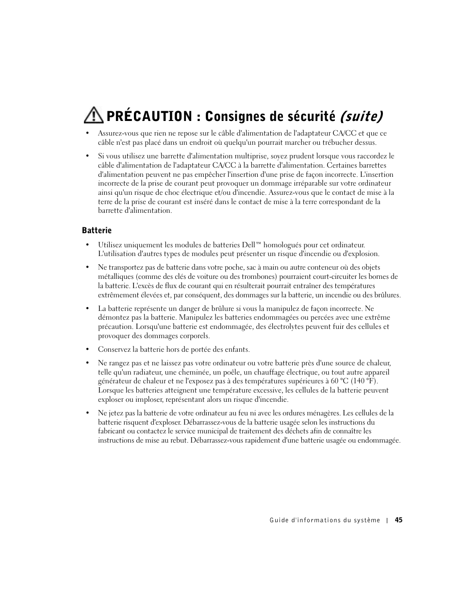 Batterie, Précaution : consignes de sécurité (suite) | Dell Latitude C840 User Manual | Page 47 / 136