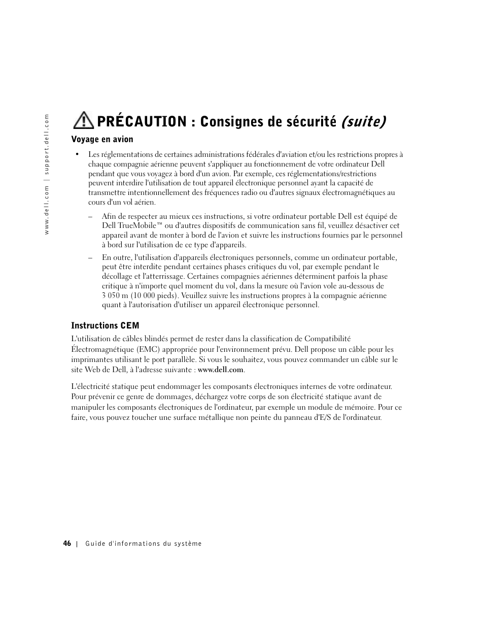 Voyage en avion, Instructions cem, Précaution : consignes de sécurité (suite) | Dell Latitude C840 User Manual | Page 48 / 136