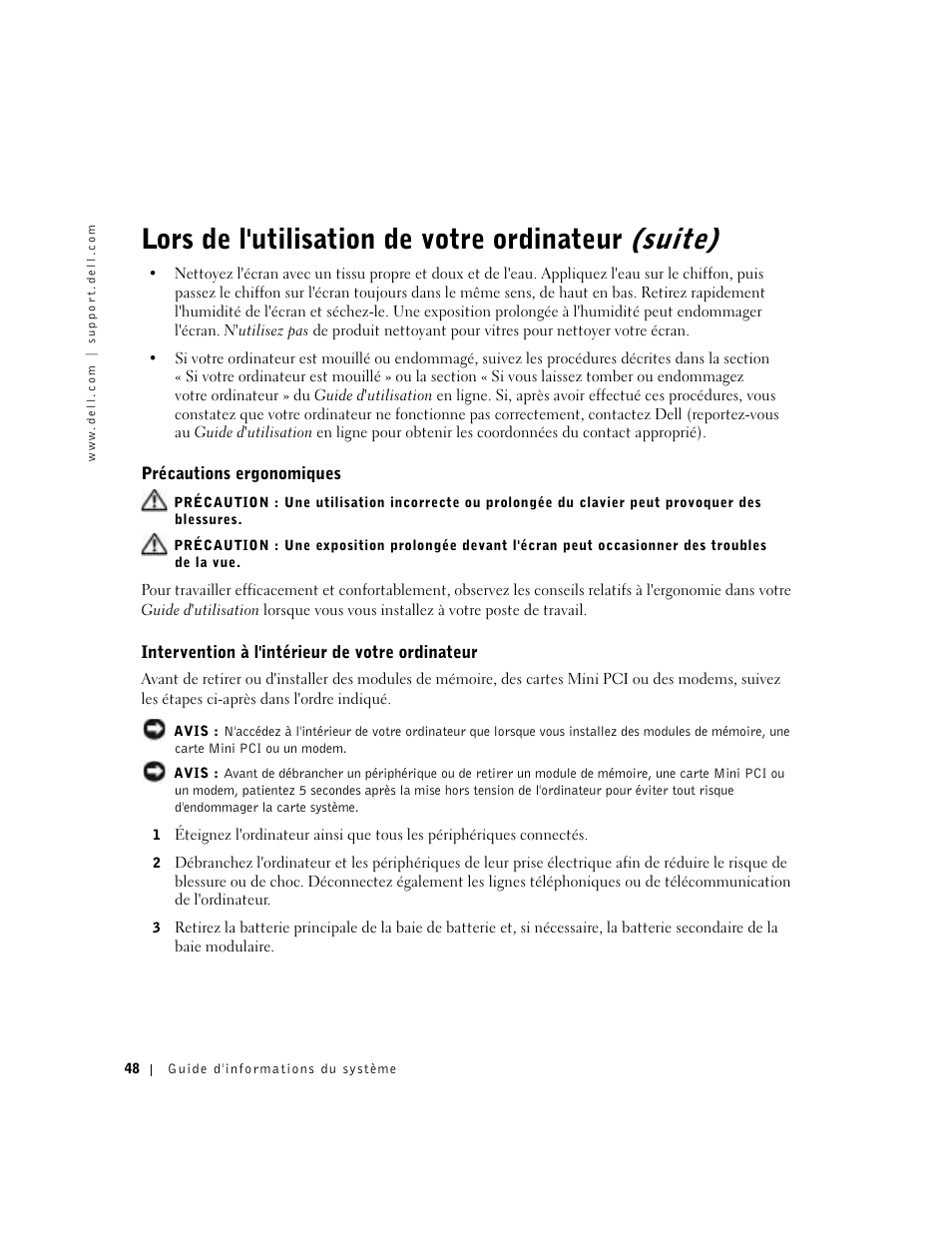 Précautions ergonomiques, Intervention à l'intérieur de votre ordinateur, Lors de l'utilisation de votre ordinateur (suite) | Dell Latitude C840 User Manual | Page 50 / 136