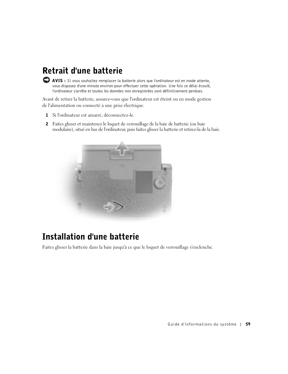 Retrait d'une batterie, Installation d'une batterie | Dell Latitude C840 User Manual | Page 61 / 136