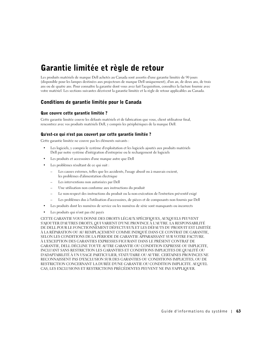 Garantie limitée et règle de retour, Conditions de garantie limitée pour le canada | Dell Latitude C840 User Manual | Page 65 / 136