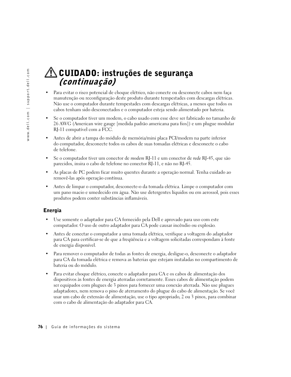 Energia, Cuidado: instruções de segurança (continuação) | Dell Latitude C840 User Manual | Page 78 / 136