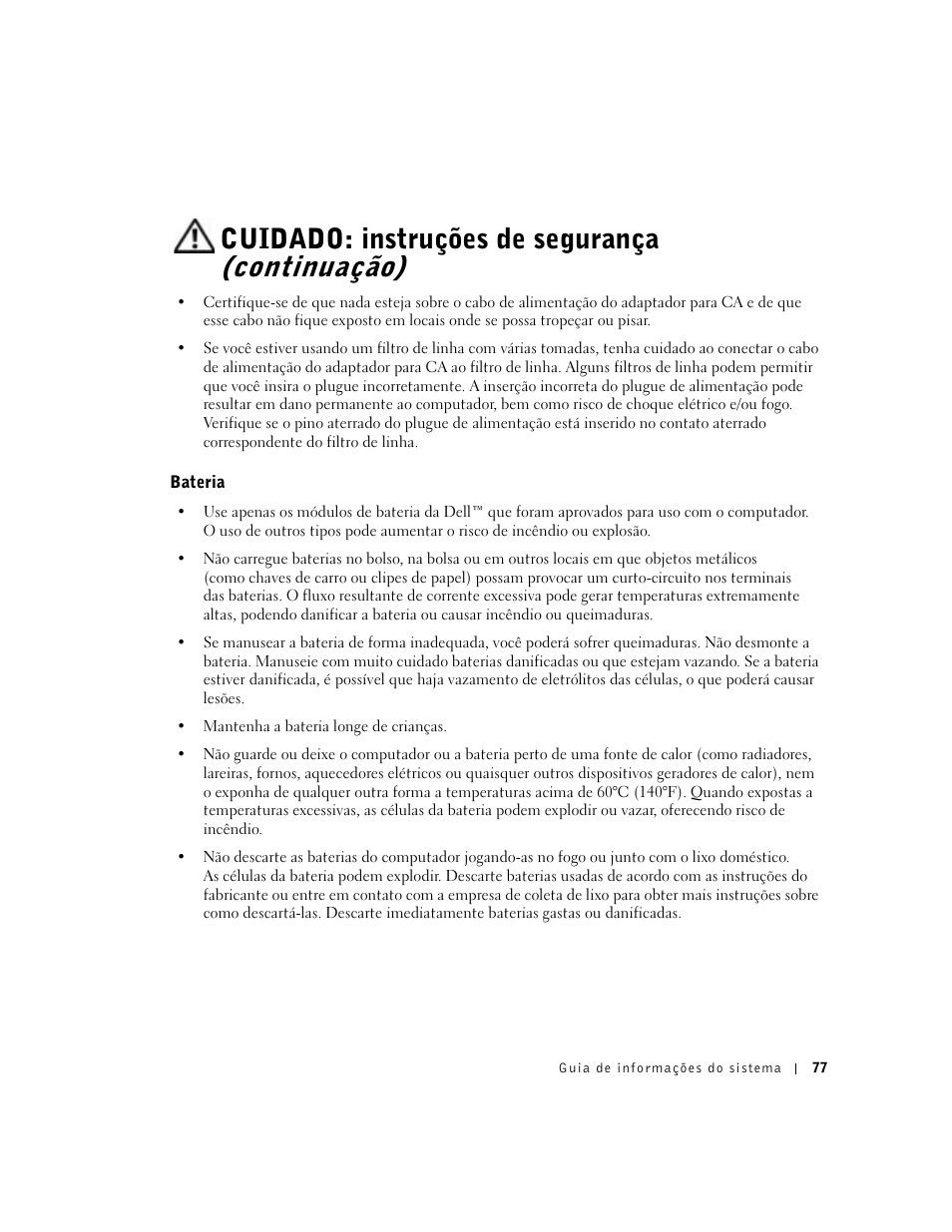 Bateria, Cuidado: instruções de segurança (continuação) | Dell Latitude C840 User Manual | Page 79 / 136