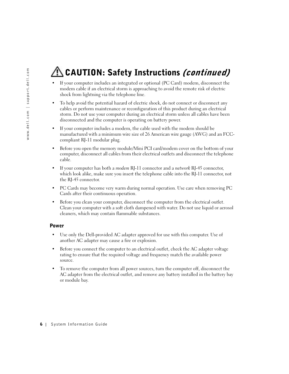 Power, Caution: safety instructions (continued) | Dell Latitude C840 User Manual | Page 8 / 136