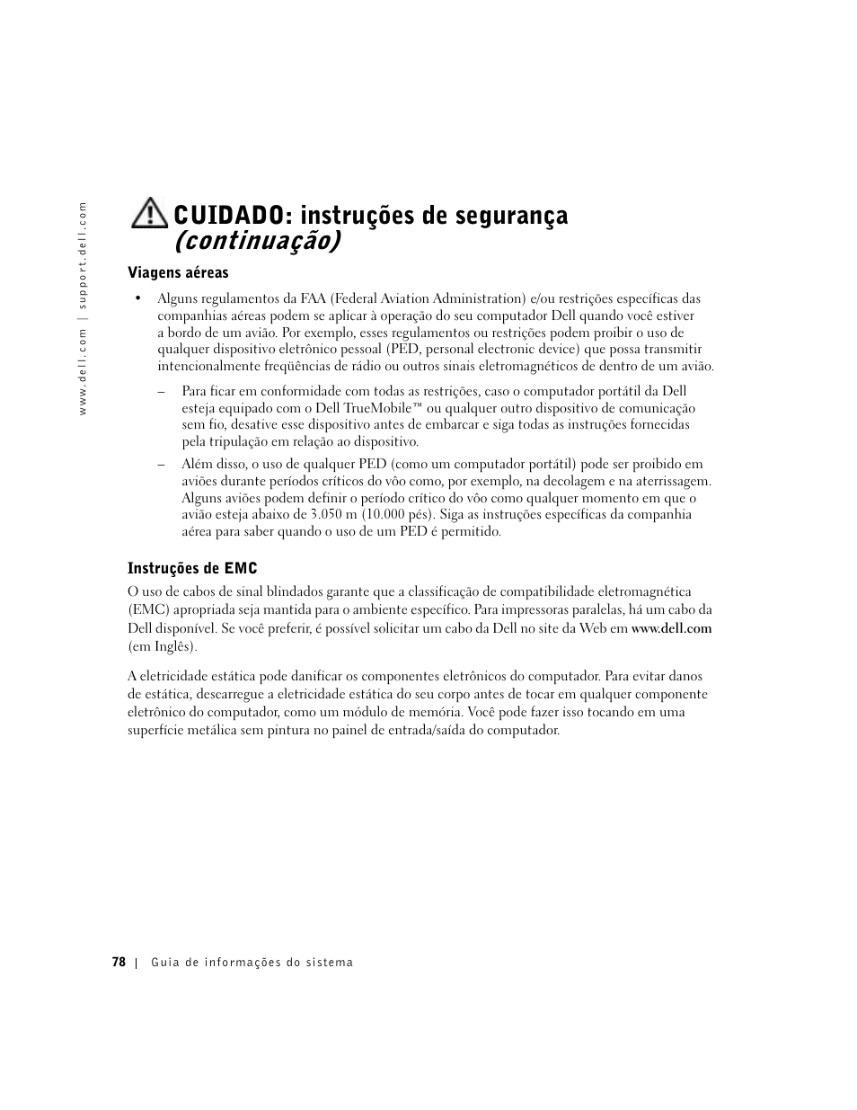 Viagens aéreas, Instruções de emc, Cuidado: instruções de segurança (continuação) | Dell Latitude C840 User Manual | Page 80 / 136