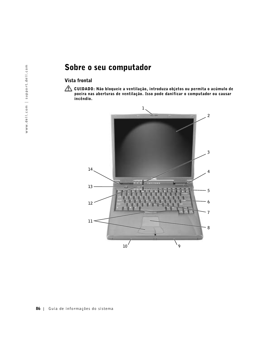 Sobre o seu computador, Vista frontal | Dell Latitude C840 User Manual | Page 88 / 136