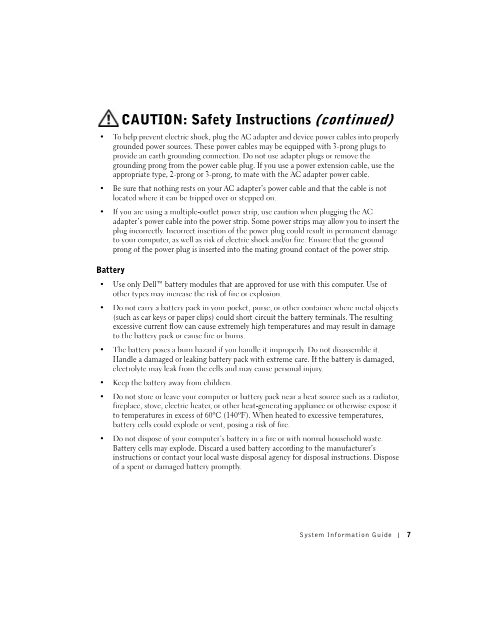 Battery, Caution: safety instructions (continued) | Dell Latitude C840 User Manual | Page 9 / 136