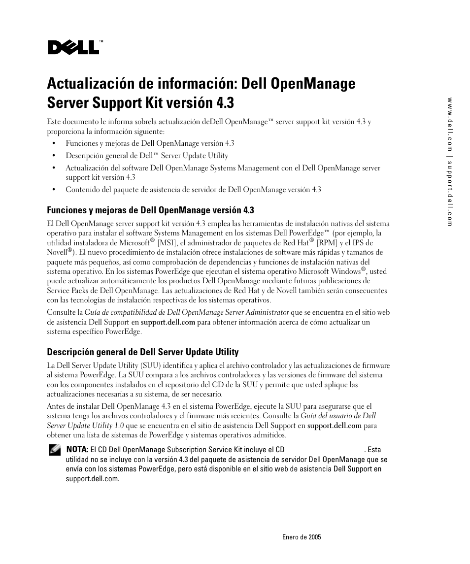 Funciones y mejoras de dell openmanage versión 4.3, Descripción general de dell server update utility | Dell PowerEdge 1850 User Manual | Page 21 / 24