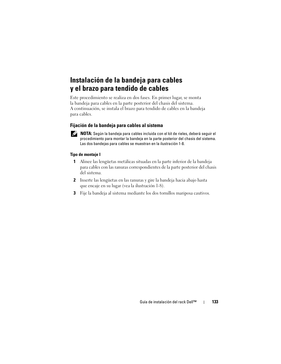 Fijación de la bandeja para cables al sistema | Dell PowerEdge 6950 User Manual | Page 135 / 142