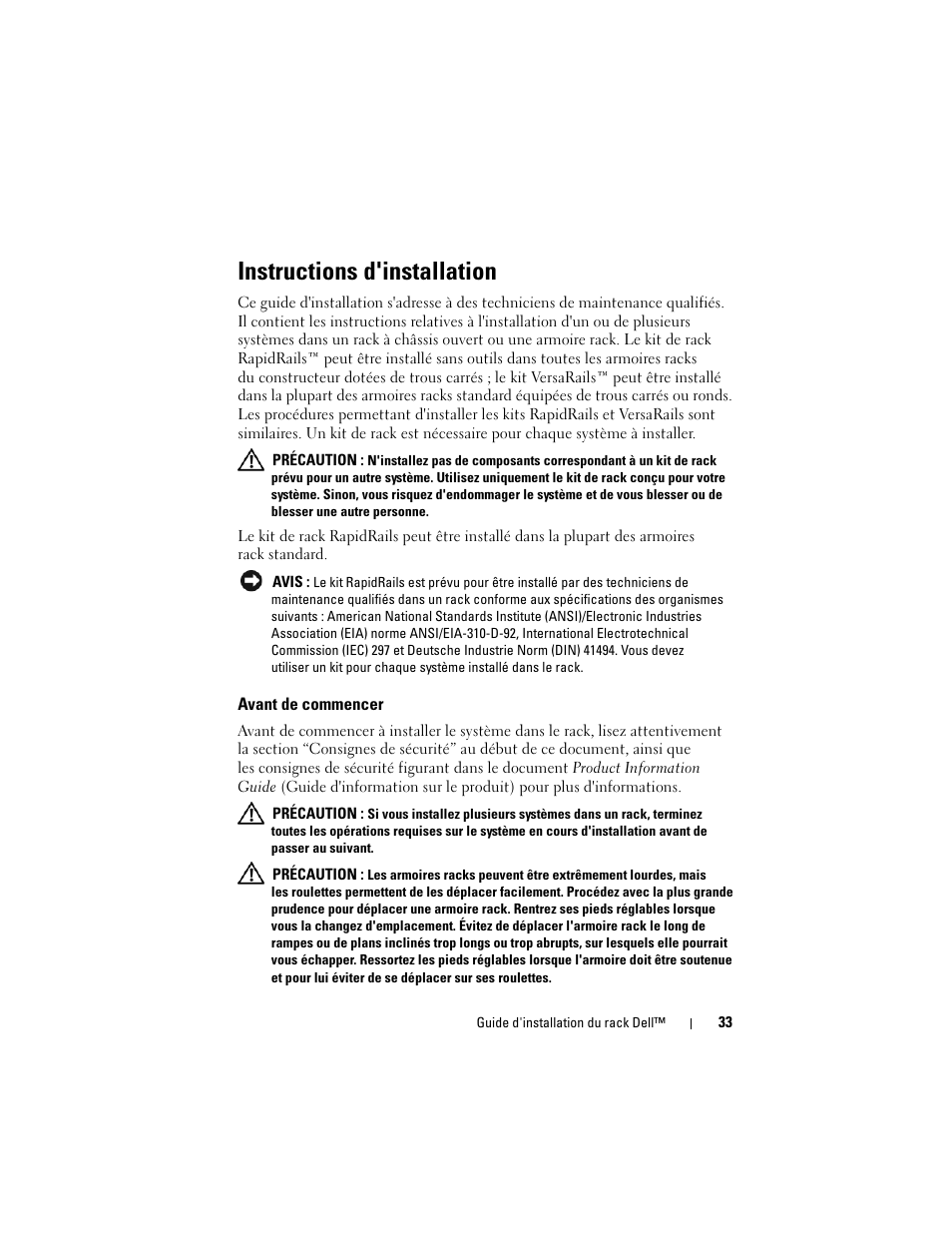 Instructions d'installation, Avant de commencer | Dell PowerEdge 6950 User Manual | Page 35 / 142