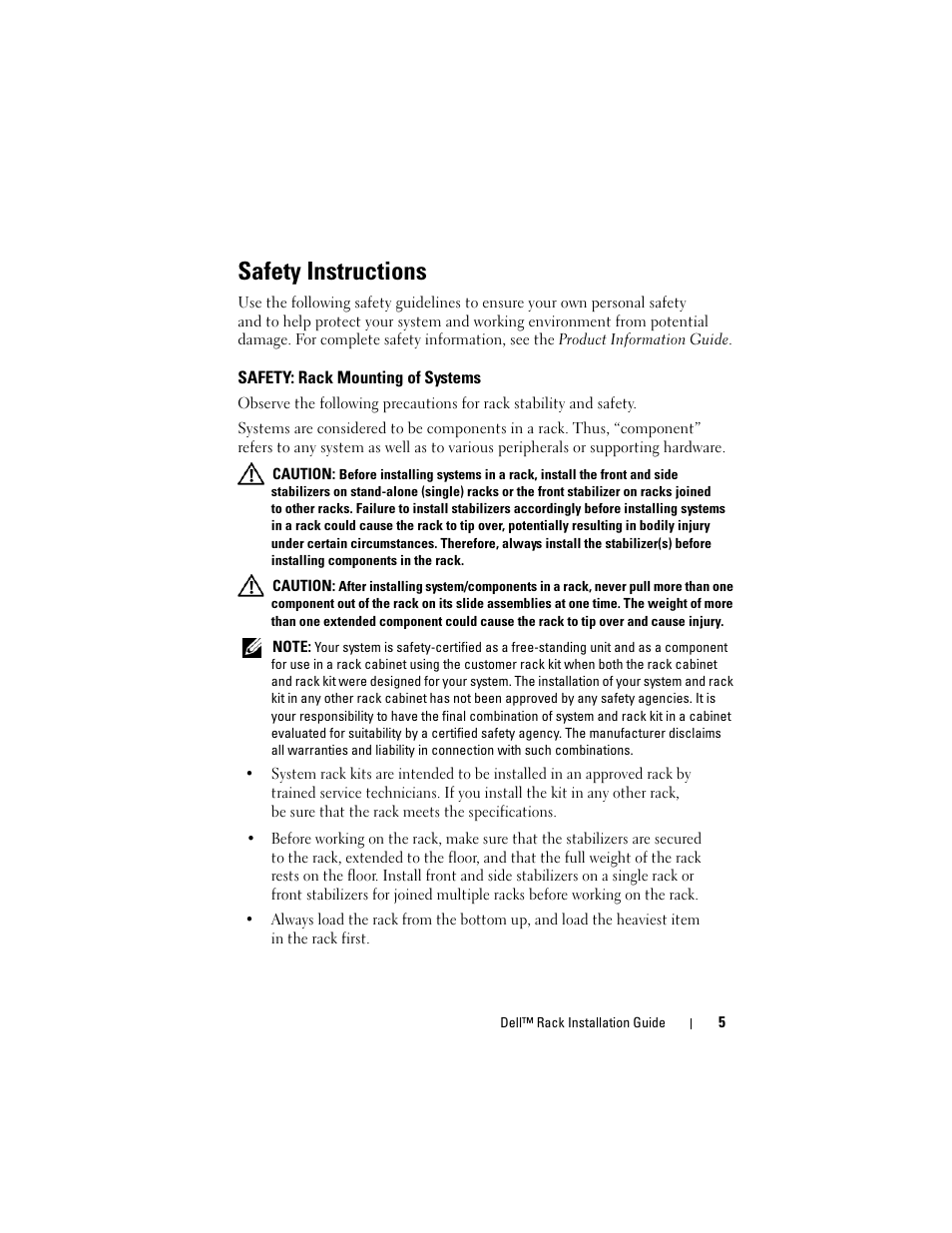 Safety instructions, Safety: rack mounting of systems | Dell PowerEdge 6950 User Manual | Page 7 / 142