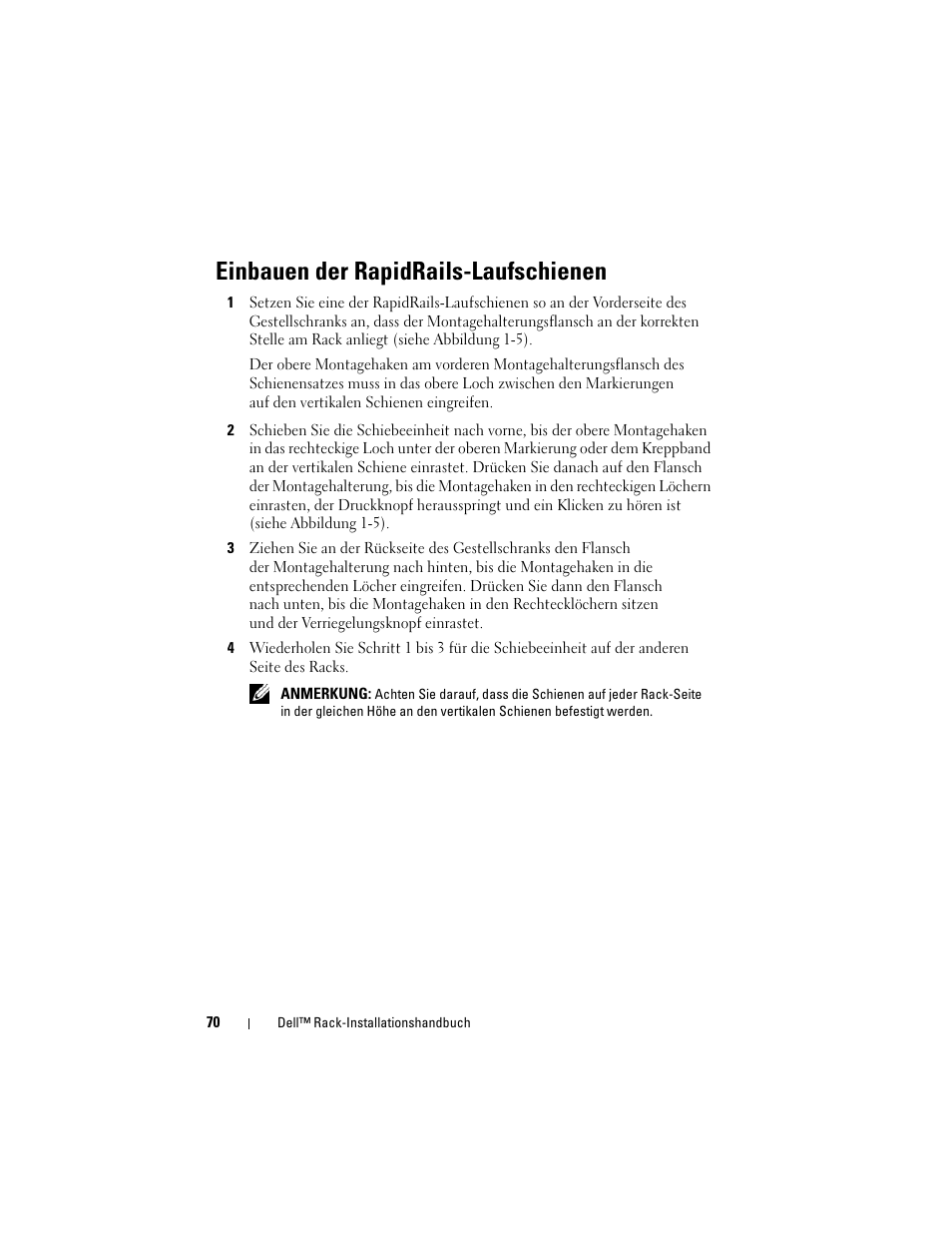 Einbauen der rapidrails-laufschienen | Dell PowerEdge 6950 User Manual | Page 72 / 142