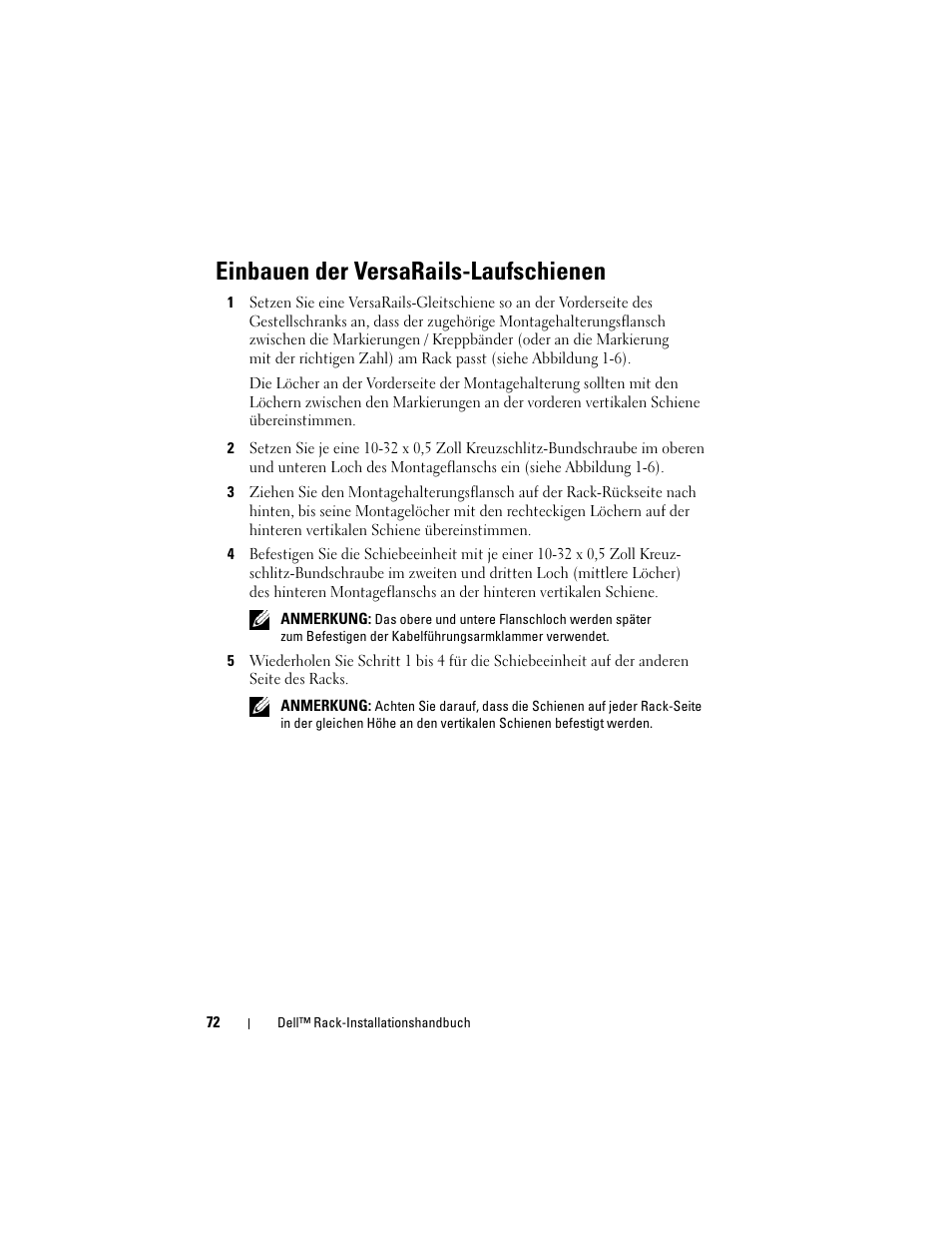 Einbauen der versarails-laufschienen | Dell PowerEdge 6950 User Manual | Page 74 / 142