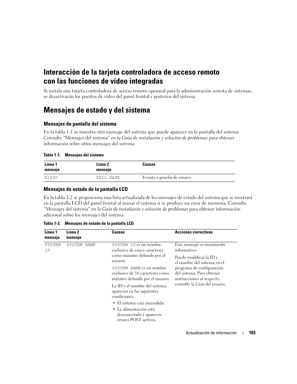 Mensajes de estado y del sistema, Mensajes de pantalla del sistema, Mensajes de estado de la pantalla lcd | Dell PowerEdge 6850 User Manual | Page 105 / 116