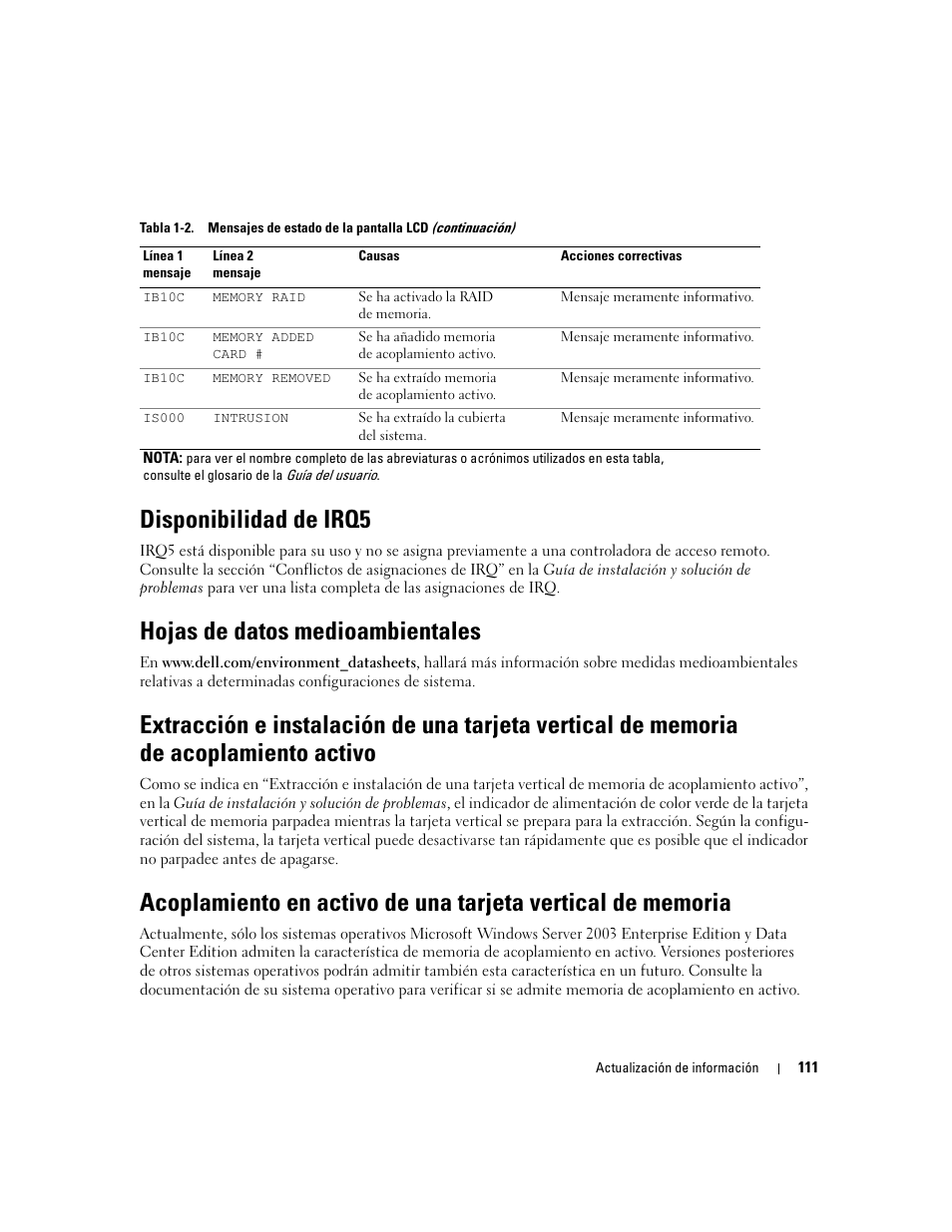 Disponibilidad de irq5, Hojas de datos medioambientales | Dell PowerEdge 6850 User Manual | Page 113 / 116