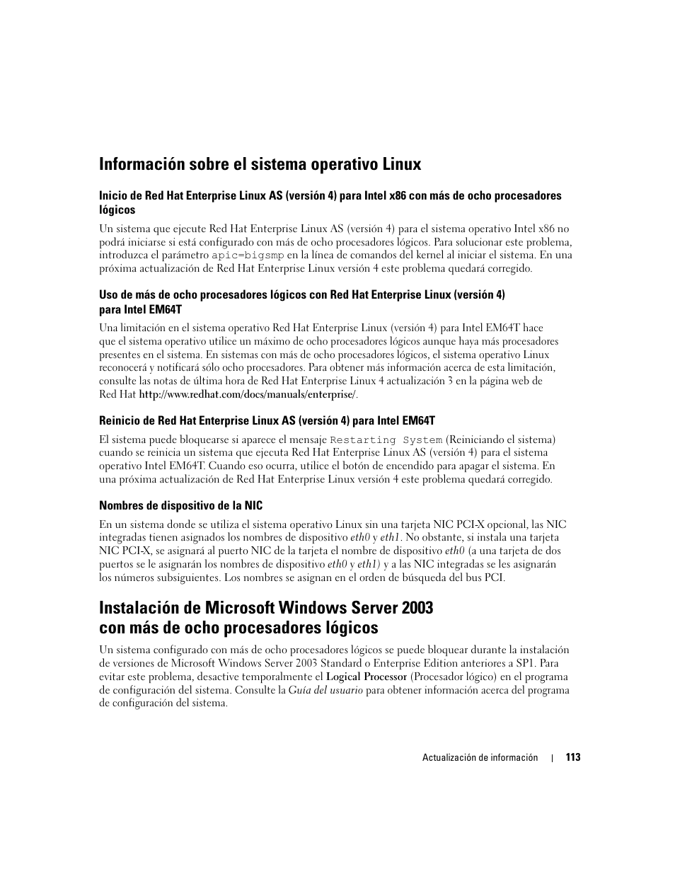 Información sobre el sistema operativo linux, Nombres de dispositivo de la nic | Dell PowerEdge 6850 User Manual | Page 115 / 116