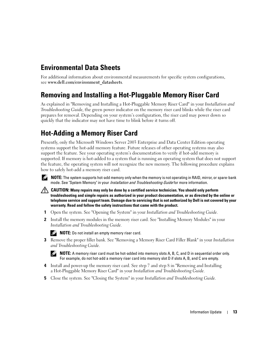 Environmental data sheets, Hot-adding a memory riser card | Dell PowerEdge 6850 User Manual | Page 15 / 116