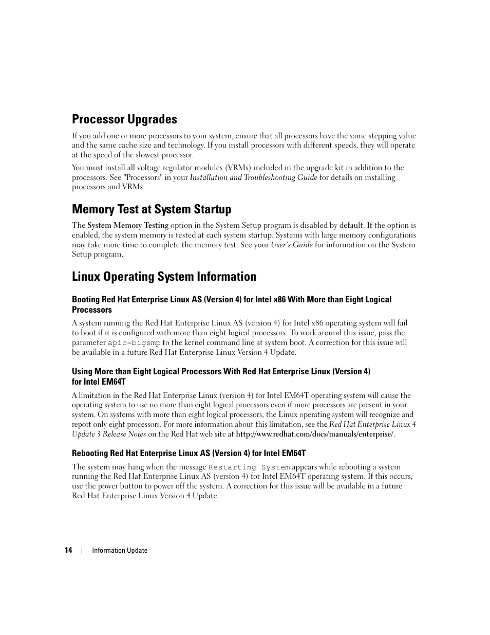 Processor upgrades, Memory test at system startup, Linux operating system information | Dell PowerEdge 6850 User Manual | Page 16 / 116