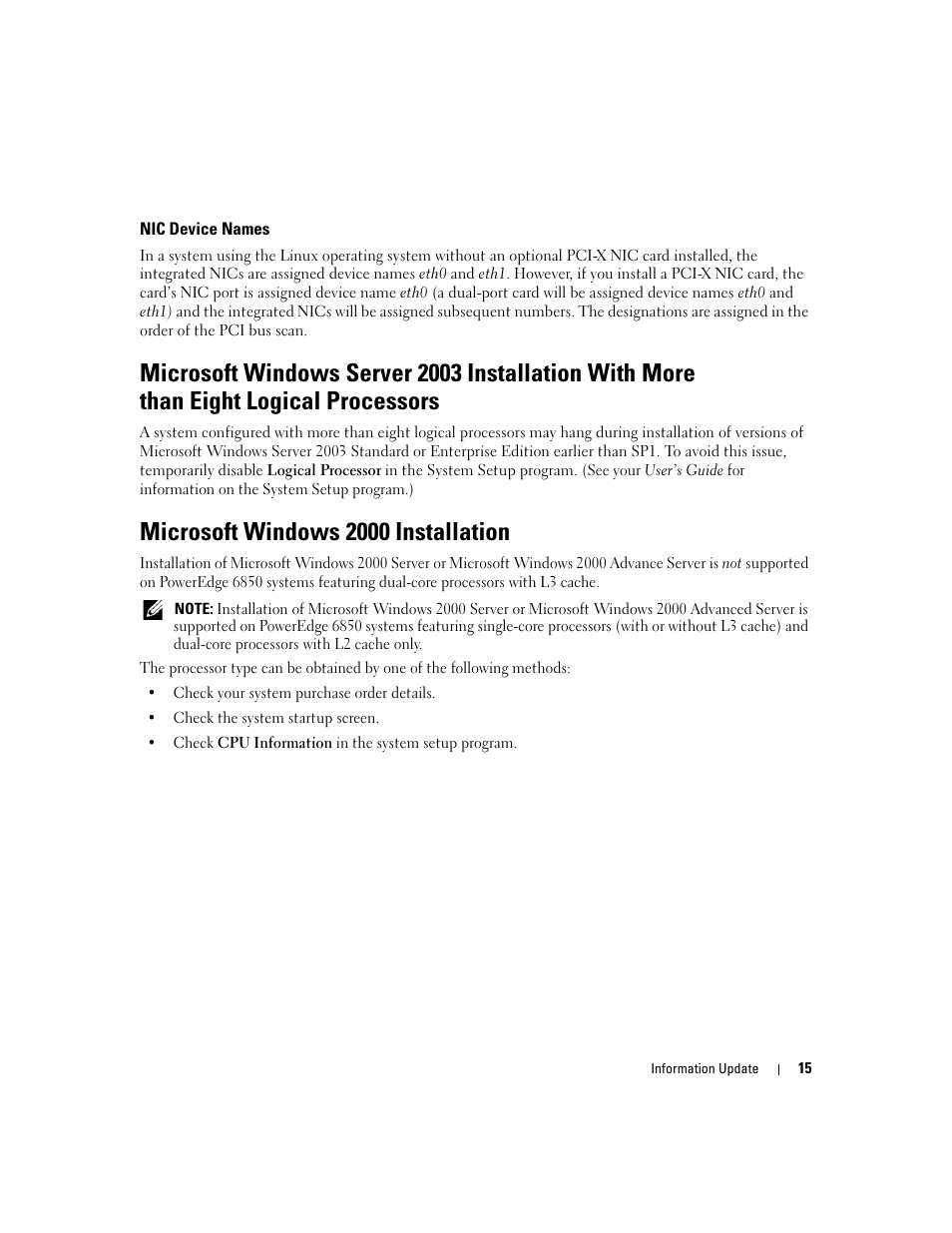 Nic device names, Microsoft windows 2000 installation | Dell PowerEdge 6850 User Manual | Page 17 / 116