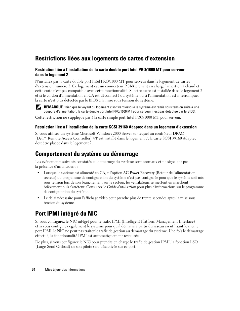 Comportement du système au démarrage, Port ipmi intégré du nic | Dell PowerEdge 6850 User Manual | Page 36 / 116