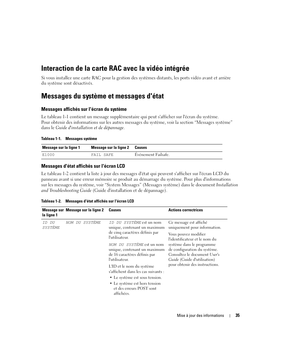 Interaction de la carte rac avec la vidéo intégrée, Messages du système et messages d'état, Messages affichés sur l'écran du système | Messages d'état affichés sur l'écran lcd | Dell PowerEdge 6850 User Manual | Page 37 / 116