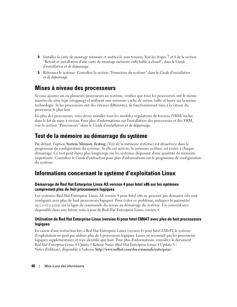 Mises à niveau des processeurs, Test de la mémoire au démarrage du système | Dell PowerEdge 6850 User Manual | Page 50 / 116