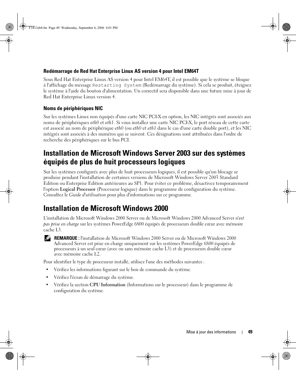 Noms de périphériques nic, Installation de microsoft windows 2000 | Dell PowerEdge 6850 User Manual | Page 51 / 116