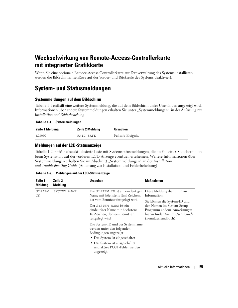 System- und statusmeldungen, Systemmeldungen auf dem bildschirm, Meldungen auf der lcd-statusanzeige | Dell PowerEdge 6850 User Manual | Page 57 / 116