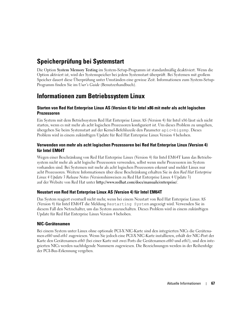 Speicherprüfung bei systemstart, Informationen zum betriebssystem linux, Nic-gerätenamen | Dell PowerEdge 6850 User Manual | Page 69 / 116